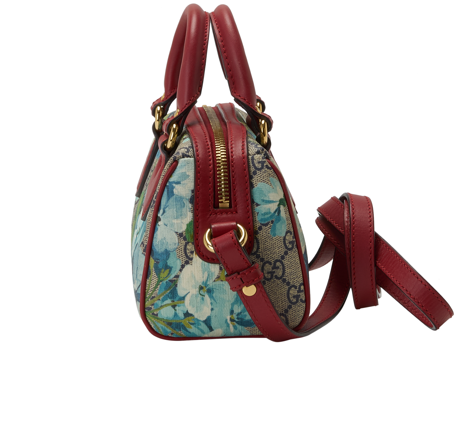 Blooms Mini Boston, &pound;595, Handbags, Blue/Red, Canvas/Leather, Bottom view